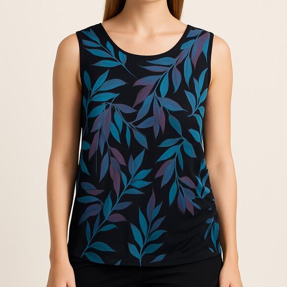 Chico's Travelers Black Turquoise Purple Leaf Print Tank Top Size 3 - Picture 1 of 6